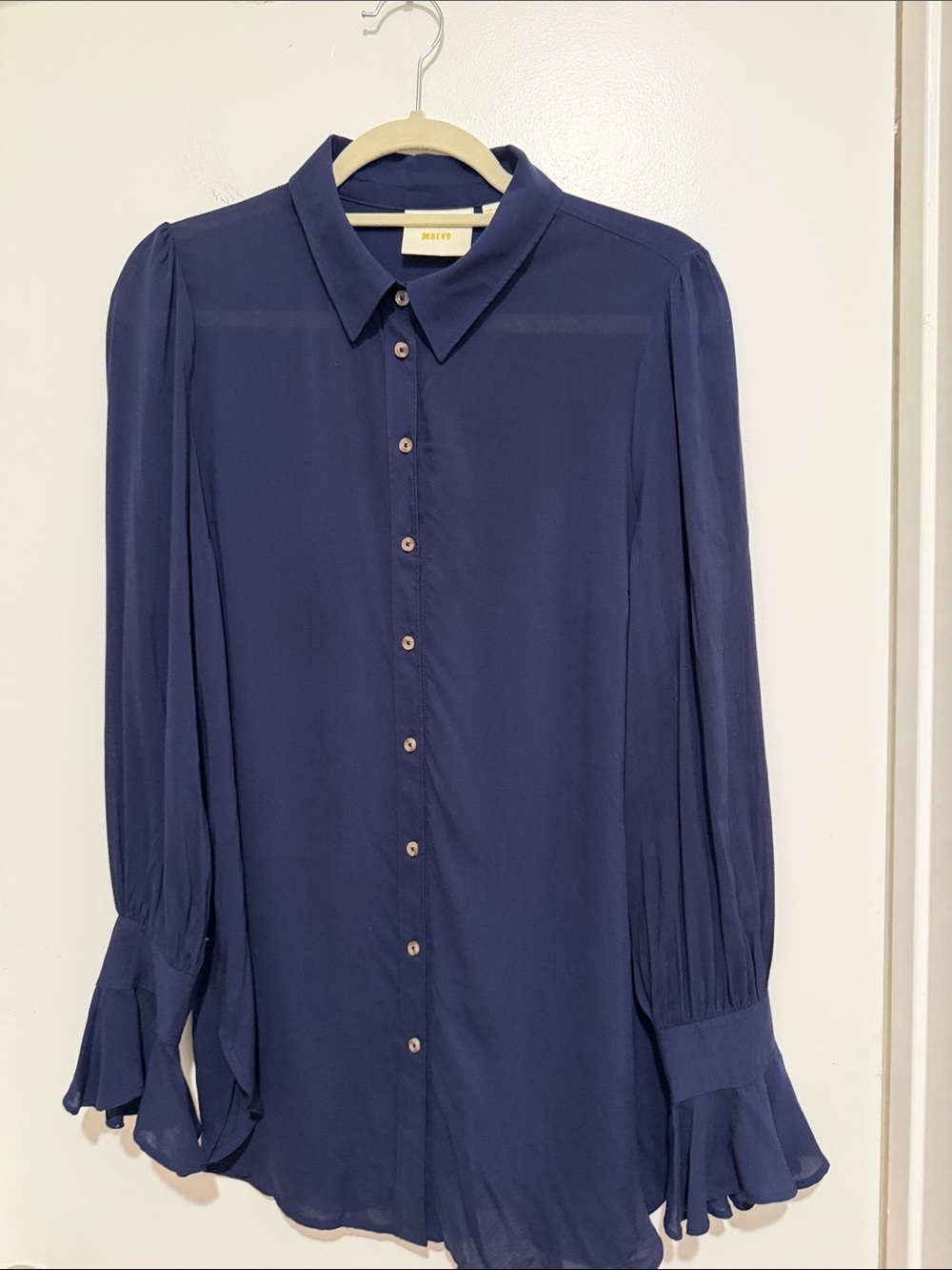 Maeve Anthropologie  Navy Button-Down Blouse with Fluted Ruffle Cuffs